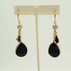 Vintage Black and Gold Double Tear Drop Earrings with Gold Ornate Tiny Ball